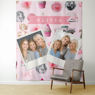 Personalized Pink Coquette Retro Cute Teddy Bear  Wandteppich