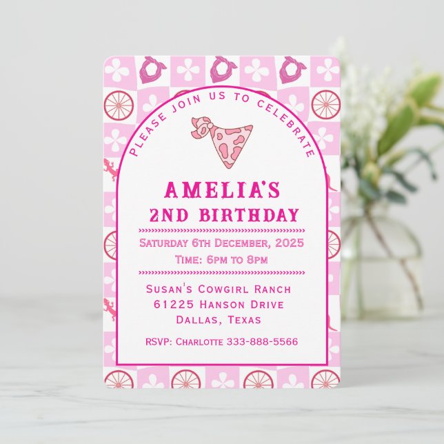 Personalized Pink Cowgirl Birthday Party  Einladung (Stehend Vorderseite)