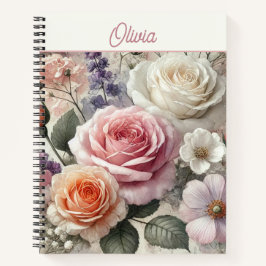 Personalized Pink Cream Orange Watercolor Roses Notizbuch
