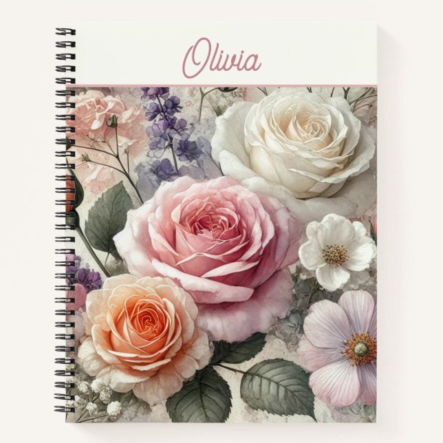 Personalized Pink Cream Orange Watercolor Roses Notizbuch (Vorderseite)