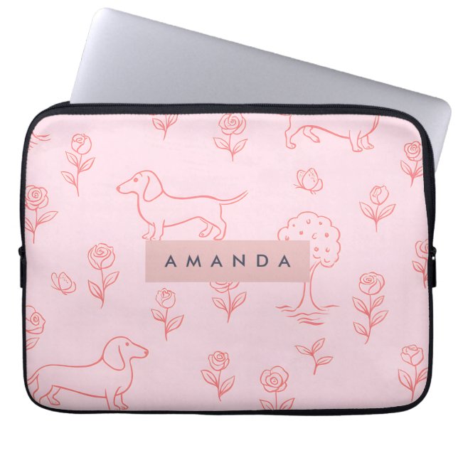 Personalized Pink Dachshund and Flower Laptopschutzhülle (Vorderseite)