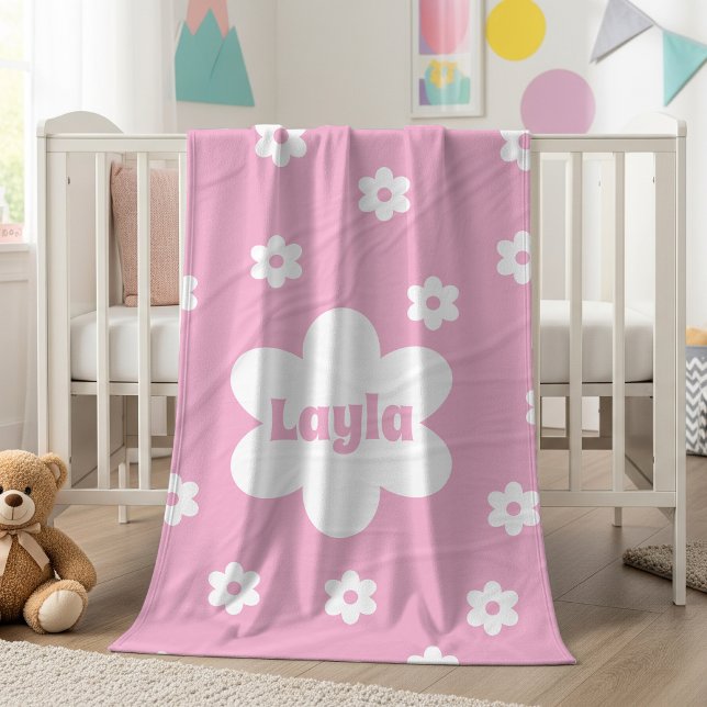 Personalized Pink Daisy Name Fleece Blanket (Von Creator hochgeladen)