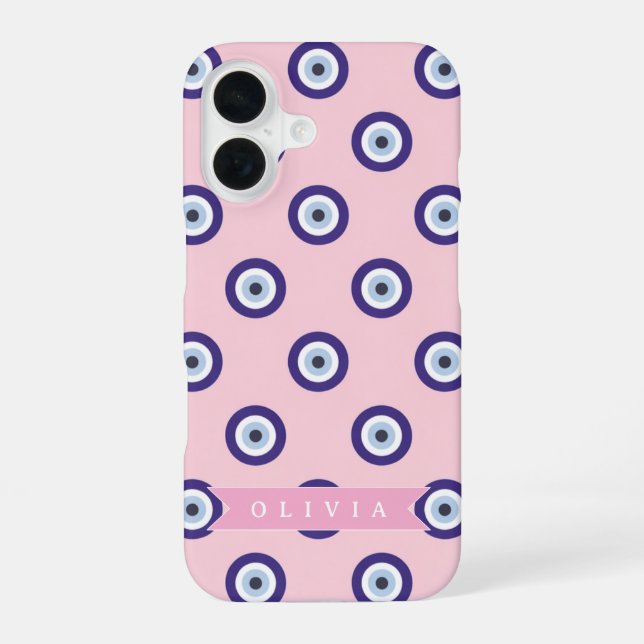 Personalized Pink Evil Eye Pattern Gifts With Name iPhone 16 Hülle (Rückseite)