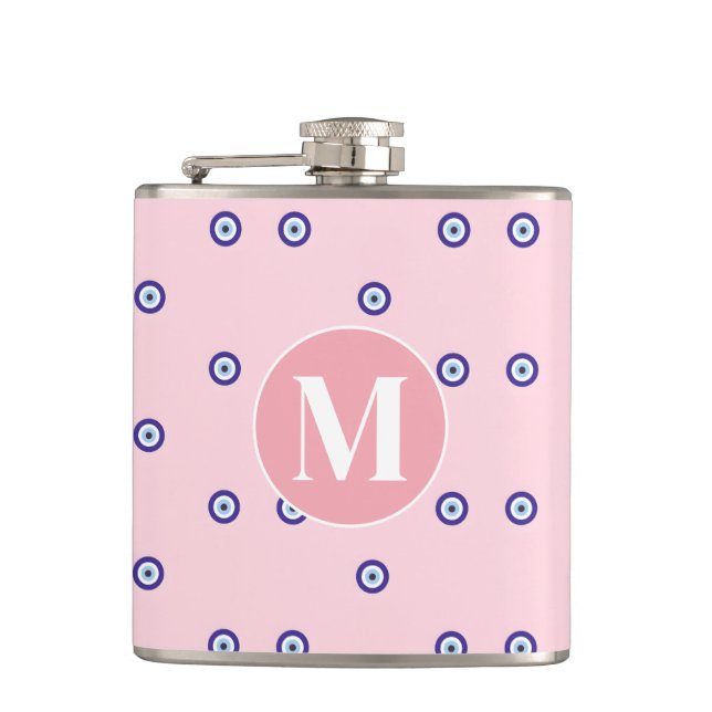 Personalized Pink Evil Eye Pattern Monogram Flachmann (Vorderseite)