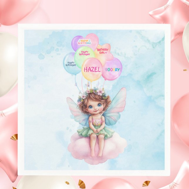Personalized Pink Fairy on Cloud Birthday Napkin  Serviette (Personalized Fairy on a Cloud Birthday Napkin – Pink & Blue Watercolor Party Decor with Balloons

)
