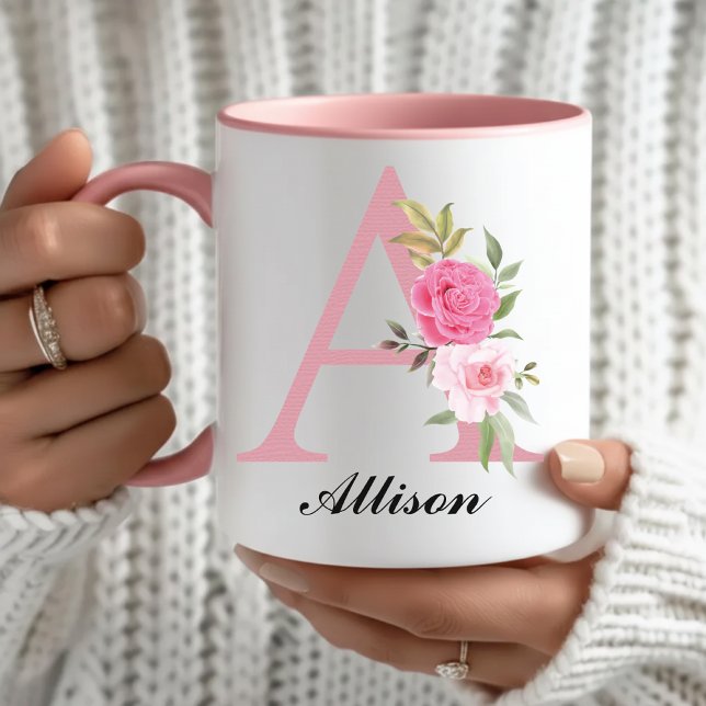 Personalized Pink Floral Monogram Mug Gift for Her Tasse (Custom Pink Floral Monogram Mug Gift for Her, Wildflower Initial Name Mug Birthday Gift for Mom)