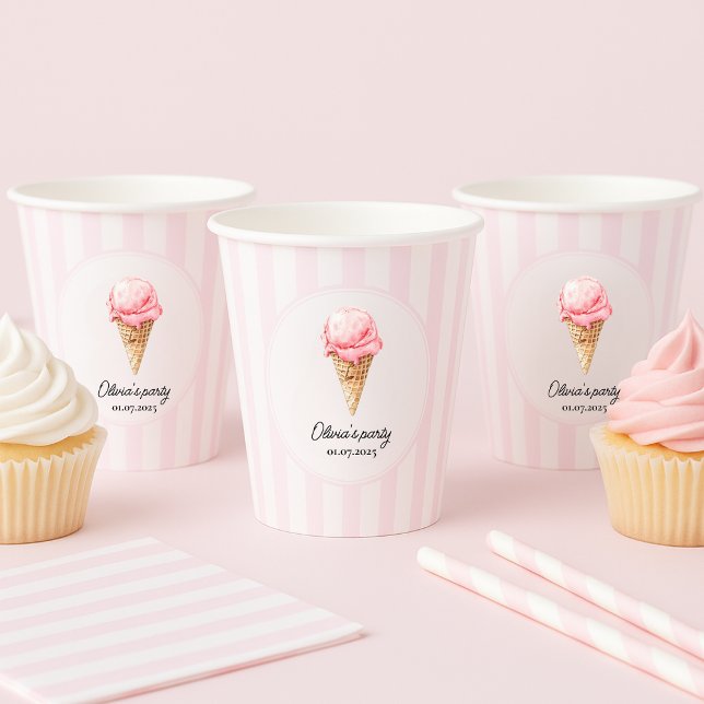 Personalized Pink Ice Cream Cone Birthday  Pappbecher (Von Creator hochgeladen)