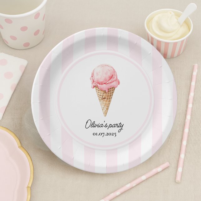 Personalized Pink Ice Cream Cone Birthday Pappteller (Von Creator hochgeladen)