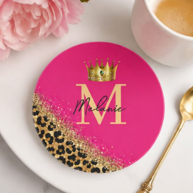 Personalized Pink Leopard Gold Glitter Monogram  Getränkeuntersetzer (Von Creator hochgeladen)