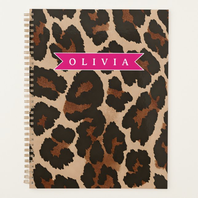 Personalized Pink Leopard Print Chic Animal Print Planer (Vorderseite)