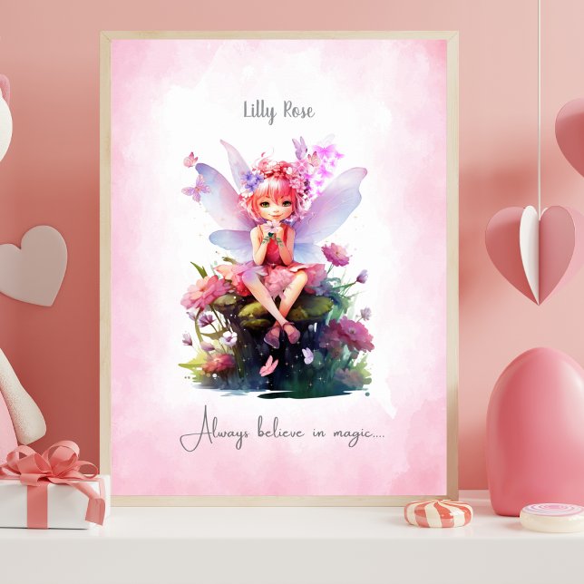 Personalized Pink & Mauve Fairy Nursery Wall Art Poster (Personalized Pink & Mauve Fairy - Fairy Nursery Art For Girls)