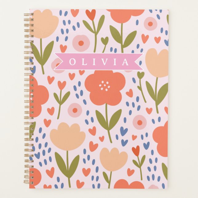 Personalized pink nordic cute folk floral pattern planer (Vorderseite)