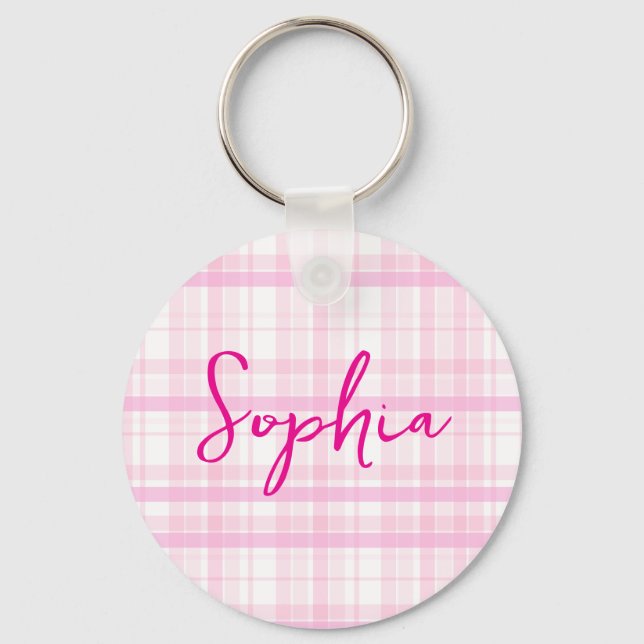 Personalized Pink Plaid keychain  with Name  Schlüsselanhänger (Vorderseite)