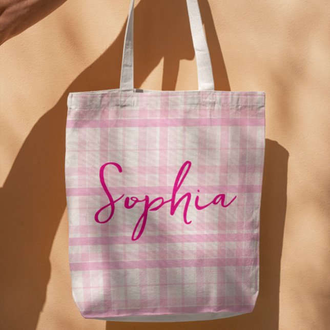 Personalized Pink Plaid Name Tote Bag (Von Creator hochgeladen)
