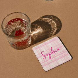 Personalized Pink Plaid Paper Coaster with Name  Rechteckiger Pappuntersetzer