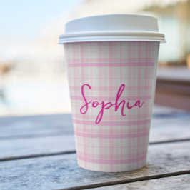 Personalized Pink Plaid Paper Cups with Name  Pappbecher