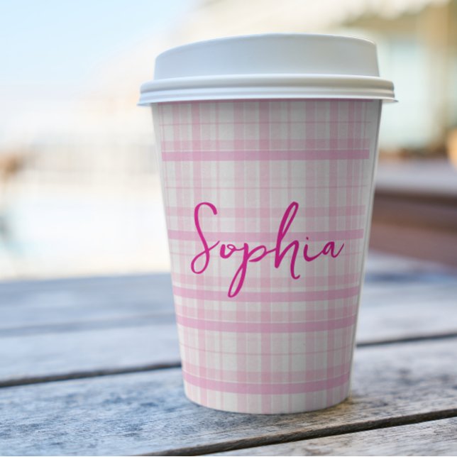 Personalized Pink Plaid Paper Cups with Name  Pappbecher (Von Creator hochgeladen)