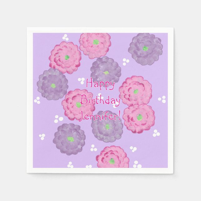 Personalized Pink Purple Floral Birthday Napkins Serviette (Vorderseite)