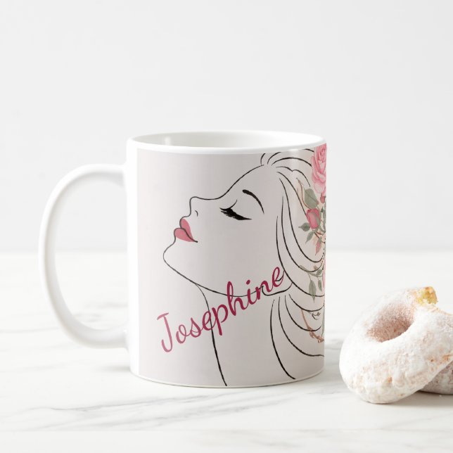 Personalized Pink Rose Floral Hair Woman Elegant  Kaffeetasse (Mit Donut)