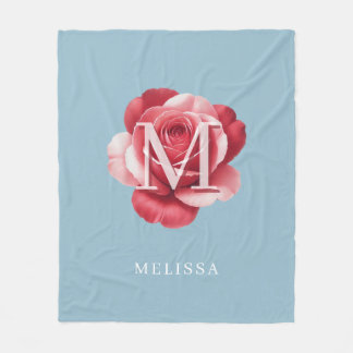 Personalized Pink Rose Monogram Name Soft Blue Fleecedecke