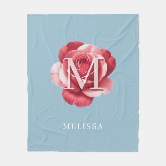 Personalized Pink Rose Monogram Name Soft Blue Fleecedecke (Vorderseite)