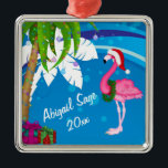 Personalized Pink Santa Flamingo Beach Christmas Ornament Aus Metall<br><div class="desc">This tropical holiday Christmas tree ornament feature palm trees decorated with Christmas lights and a flamingo wearing a Santa hat set against a cool and white abstract beach background. It can be personalized with a name,  year or any text that you wish to add. Some graphics by artwork&@delightful-doodles.com</div>