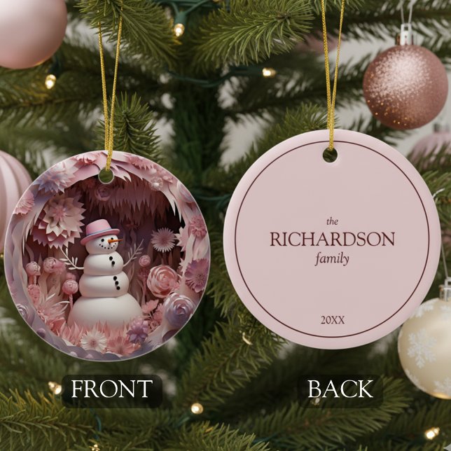 Personalized Pink Snowman Christmas Keramik Ornament (cute pink floral snowman Christmas tree ornament keepsake with customizable family name and year)