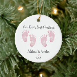 Personalized Pink Twin Baby Girls Footprint Keramik Ornament