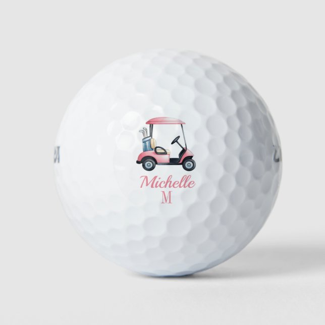 Personalized Pink Watercolor Golf Cart Golfers     Golfball (Vorderseite)