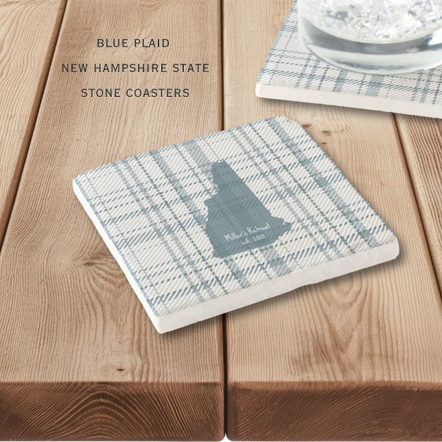 Personalized Plaid New Hampshire Granite State  Steinuntersetzer (Personalize these casual blue plaid New Hampshire state coasters. Perfect for cabins or lake house!)