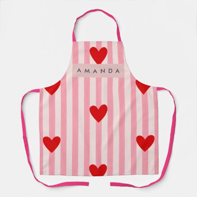 Personalized Playful Red Heart & Pink Stripe  Schürze (Vorderseite)