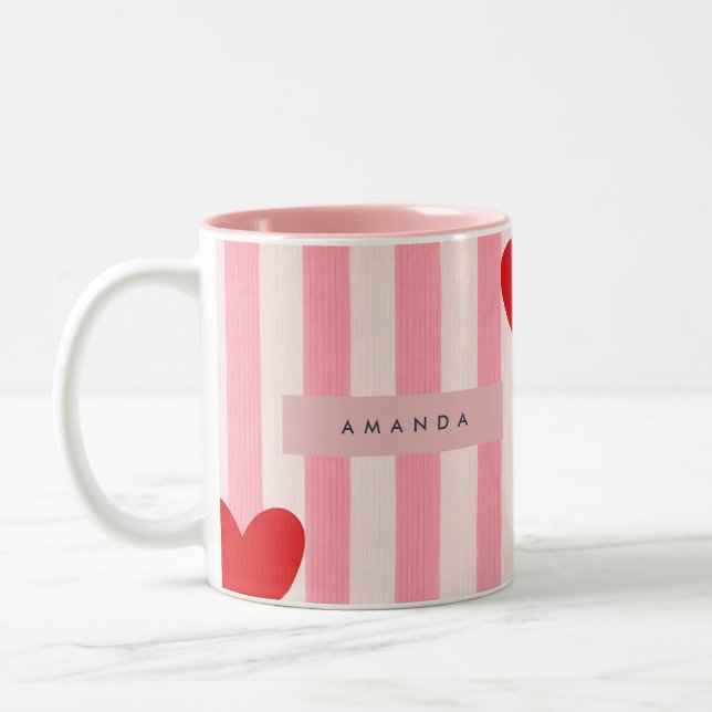 Personalized Playful Red Heart & Pink Stripe  Zweifarbige Tasse (Links)
