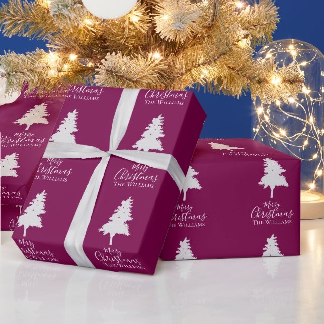 Personalized Plum White Christmas Tree Family Name Geschenkpapier (Feiertage)