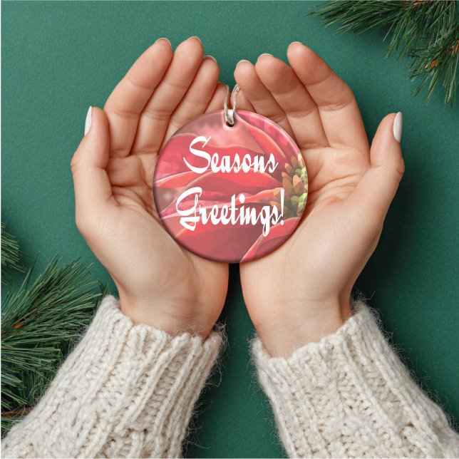 Personalized Poinsettia Seasons Greetings Keramik Ornament (Artistic Dual-Use! This personalized poinsettia ornament doubles as a luxury gift tag.)