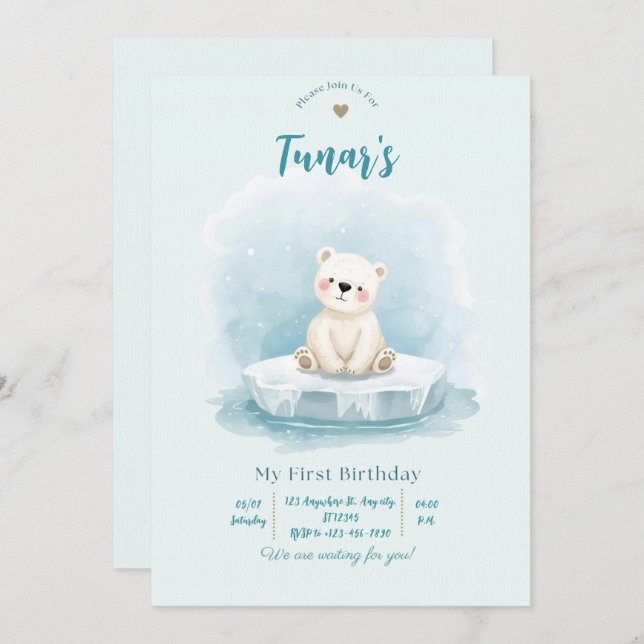 Personalized Polar Bear Birthday Invitation Einladung (Vorne/Hinten)
