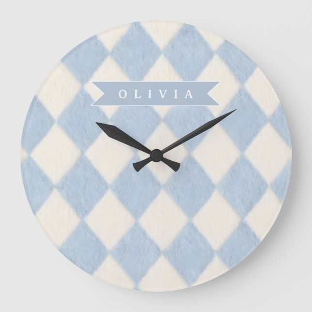 Personalized Preppy Soft Blue Fuzzy Argyle Name Große Wanduhr (Vorderseite)