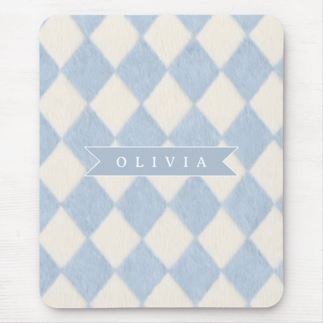 Personalized Preppy Soft Blue Fuzzy Argyle Name Mousepad (Vorne)