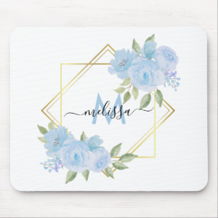 Personalized Pretty Baby Blue Floral Mouse Pad Mousepad