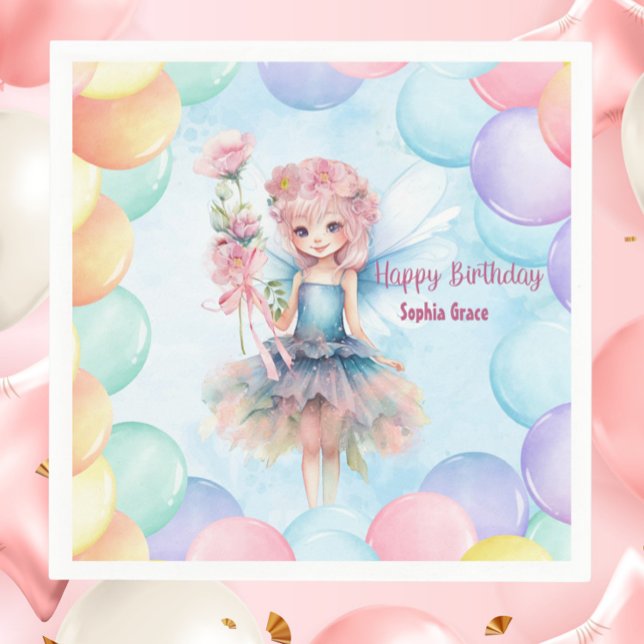 Personalized Pretty Blue Fairy Birthday Napkins  Serviette (Personalized Blue Fairy Birthday Napkins – Custom Name Party Decor with Balloons)