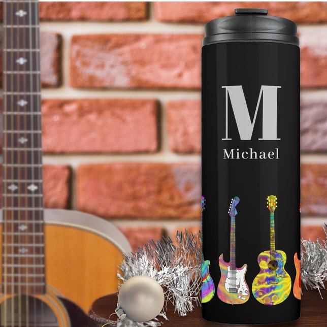 Personalized Psychedelic Christmas Guitar Pop Art Thermosbecher (Colorful guitar pattern on black custom monogram thermal tumbler Psychedelic guitar pop art )