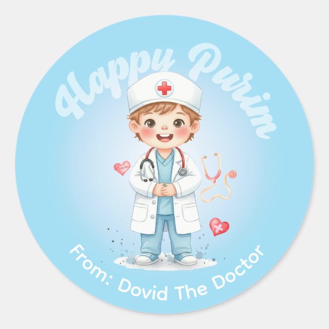 Personalized Purim Sticker – Doctor Theme (Vorderseite)