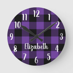 Personalized Purple and Black Buffalo Plaid Runde Wanduhr