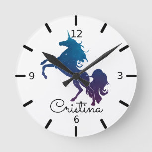 Personalized Purple & Blue Unicorn Runde Wanduhr