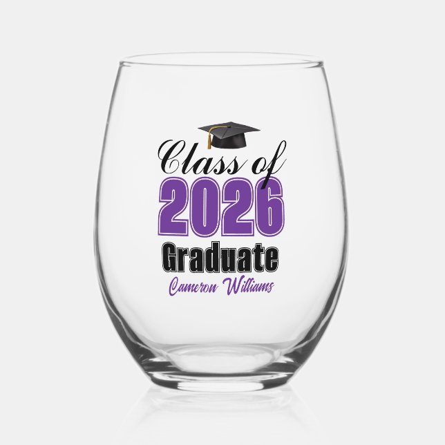 Personalized Purple Class of 2026 Graduation Weinglas Ohne Stiel (Vorderseite)