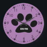 Personalized Purple Dog Paw Große Wanduhr<br><div class="desc">A personalized purple dog clock,  which you will be able to easily add name onto the paw print. This personalized dog clock would make a great gift for a dog lover.</div>