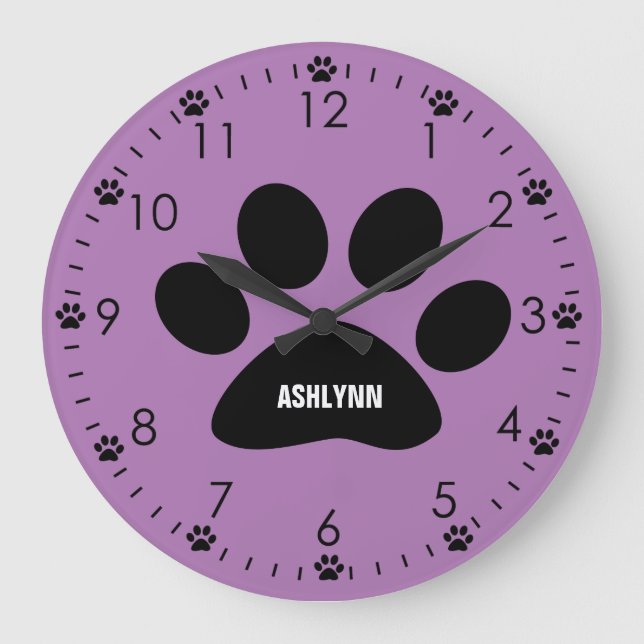 Personalized Purple Dog Paw Große Wanduhr (Vorderseite)