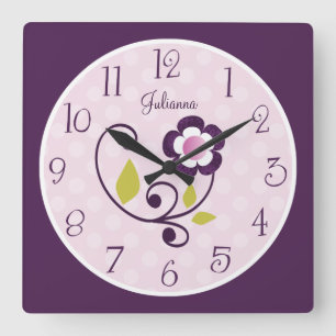 Personalized Purple Flower Nursery Clock Quadratische Wanduhr