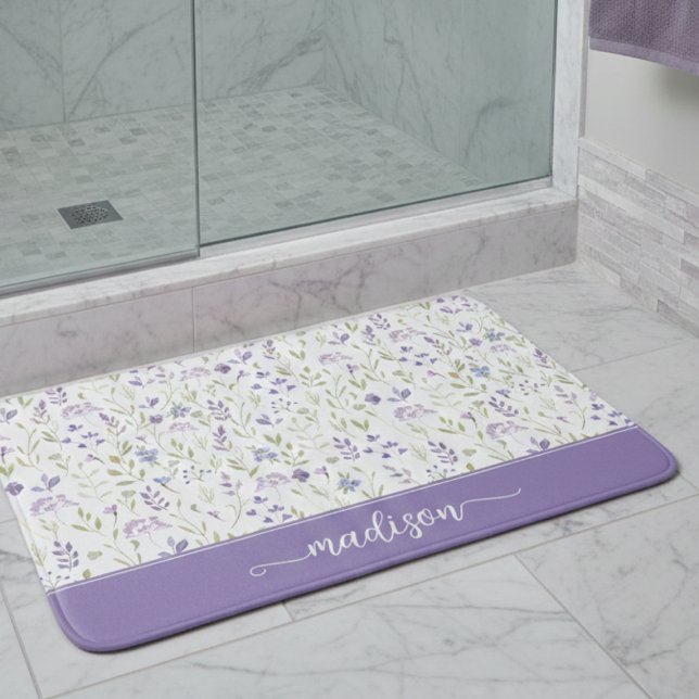 Personalized Purple Wildflower Monogram Badematte (personalized purple floral pattern wildflower bathmat with custom monogram name)