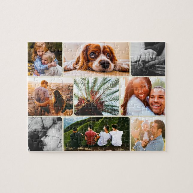 Personalized Puzzle 9 Photo Collage in Tan Frame (Horizontal)
