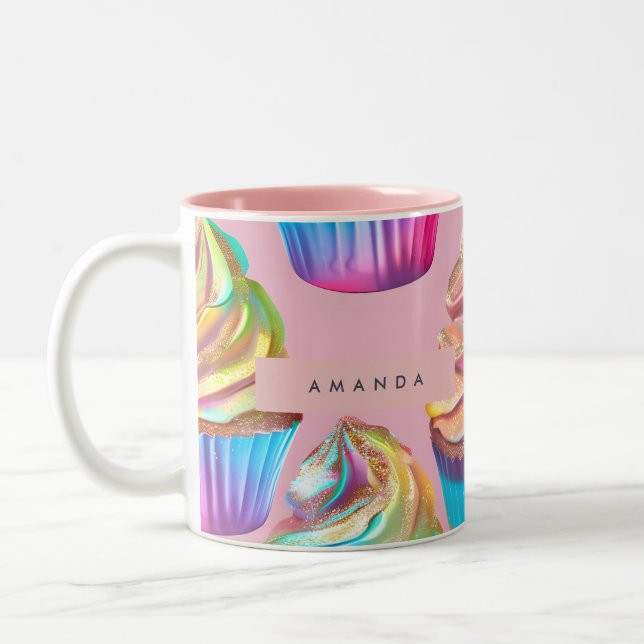 Personalized Rainbow Pastel Cupcake with Glitter Zweifarbige Tasse (Links)